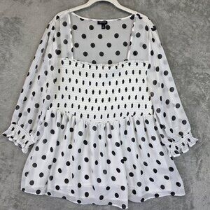 Torrid Blouse Womens Plus 2X 2 White Black Polka Dot Smocked Peplum Sheer Top